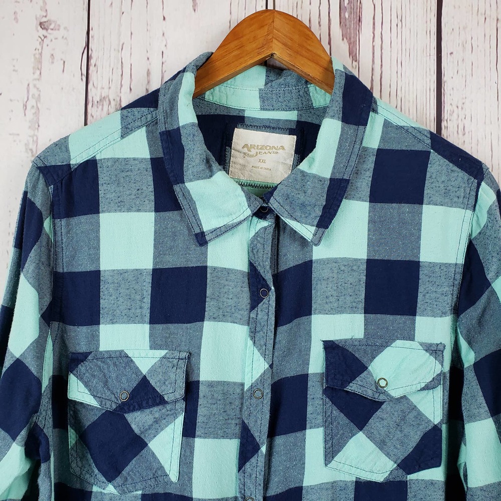 Arizona Jean Co. Button Down Shirt Juniors Size XXL Checkered Long Sleeve Blue - Picture 3 of 8